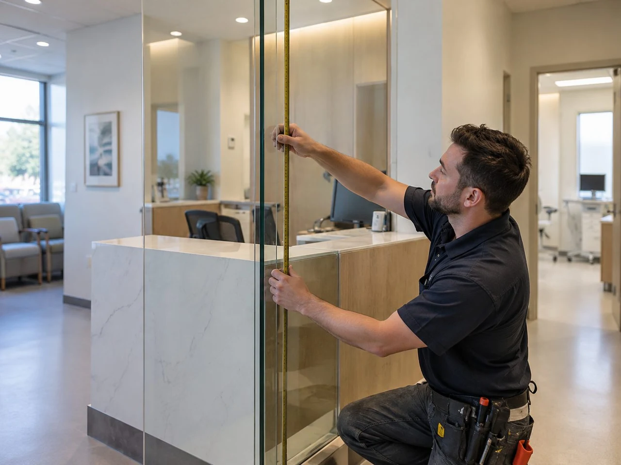 National Glass & Construction installing interior glass partitions in a Miami, FL office